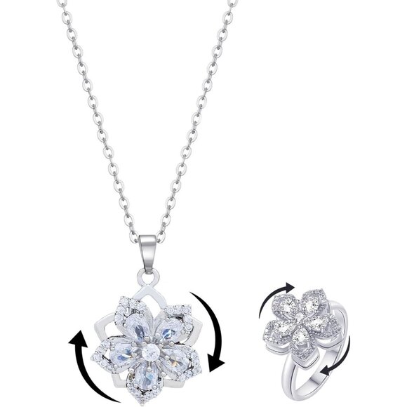 Women Flower Fidget Silver White Set2 Necklace Rotatable Crystal Blossom Pendant - Picture 1 of 7